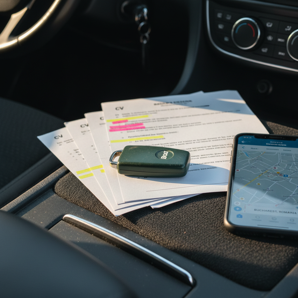A well-worn dark green Bolt car key fob resting on the textured fabric of a car’s center console, next to a neatly stacked pile of printed CVs with highlighted bullet points and creased corners. The console surface is matte black plastic with faint scratches and dust specks, and a smartphone screen nearby glows with a ride‑sharing app map of Bucharest’s center. Late afternoon light filters through the windshield, casting soft, angled shadows and subtle reflections on the glossy screen. Photographic realism, eye-level composition with shallow depth of field keeps the key and CVs sharply focused while the dashboard dials blur into the background, creating a contemplative, sophisticated mood that hints at career transition and urban navigation.